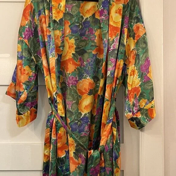 VICTORIA'S SECRET 90 Gold Label Vintage Floral Satin Peignoir Robe Sz M - Picture 4 of 5